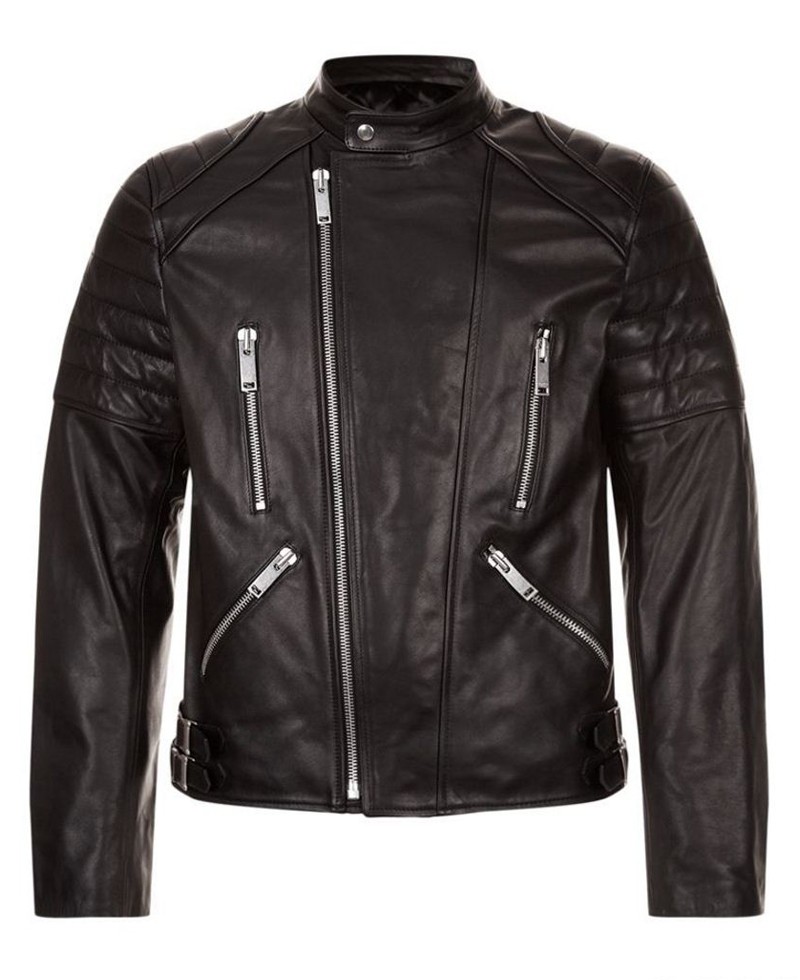 Front view of Gableson black leather biker jacket with premium finish and angled zippers Front view of Gableson black leather biker jacket with premium finish and angled zippers