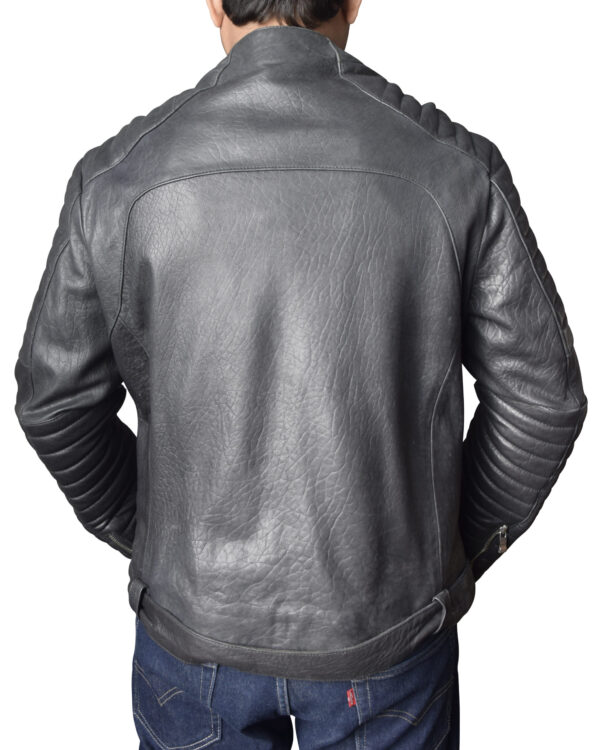 Gator black leather jacket paired with boots and slim-fit jeans