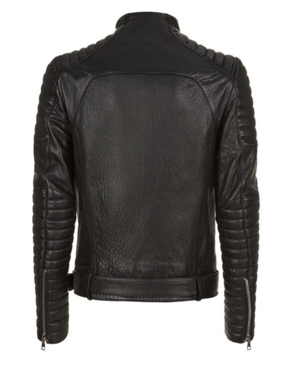 Back of Gator biker jacket highlighting sleeve zips and sharp collar structure