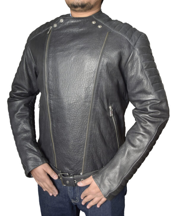 Front view of Gator black leather biker jacket with alligator-textured pattern and zip fastening