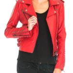 Model in elegant red leather jacket for women styled for casual and evening wear