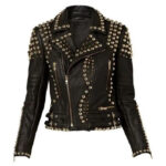 Handcrafted-Women’s-Black-Color-Silver-Studded-Genuine-Leather-Jacket