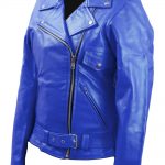 Handmade Women Blue Brando Belted Leather Jacket