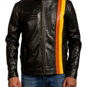 Model wearing James Marsden Cyclops jacket styled with tactical pants and boots