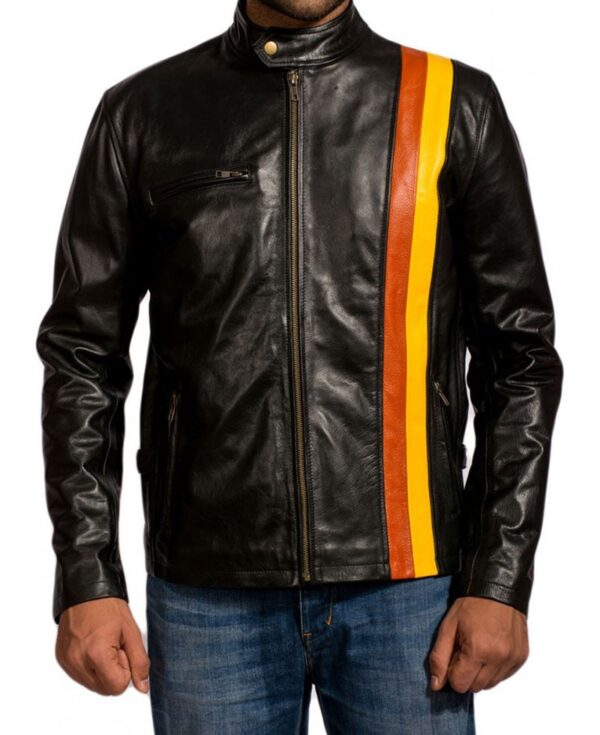 Model wearing James Marsden Cyclops jacket styled with tactical pants and boots