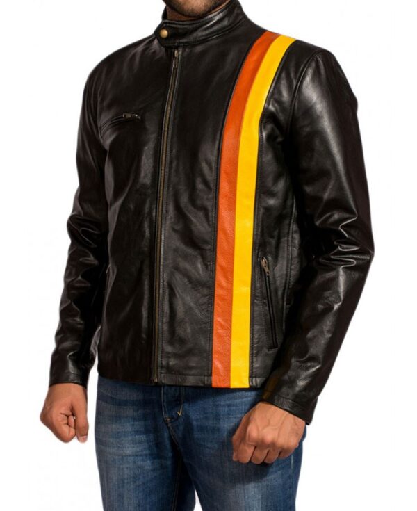 Side profile of X-Men Cyclops jacket showing shoulder detailing and snug fit