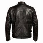 Back View of James Marsden Cyclops Leather Jacket featuring a subtle yoke across the shoulders, adjustable side buckles, and vertical center seam stitching.