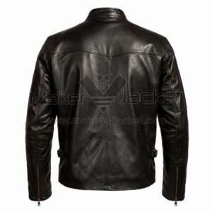Back View of James Marsden Cyclops Leather Jacket featuring a subtle yoke across the shoulders, adjustable side buckles, and vertical center seam stitching.