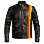 Front View of James Marsden Cyclops Leather Jacket featuring a bold vertical orange and yellow racing stripe on the left side and a single chest zip.