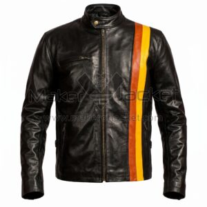 Front View of James Marsden Cyclops Leather Jacket featuring a bold vertical orange and yellow racing stripe on the left side and a single chest zip.
