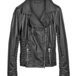 Front view of Karl black leather biker jacket with asymmetrical zip and snap collar