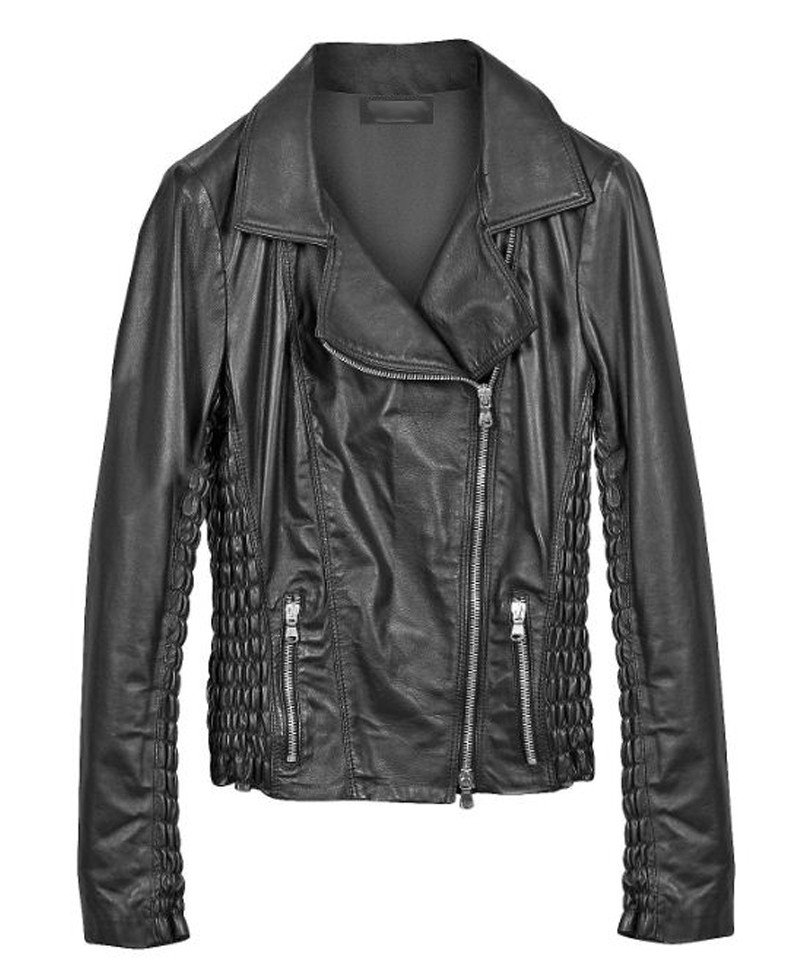 Front view of Karl black leather biker jacket with asymmetrical zip and snap collar Front view of Karl black leather biker jacket with asymmetrical zip and snap collar