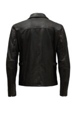 Back of Kensington black leather jacket revealing soft lining and pocket design