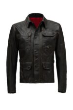 Front view of Kensington black leather biker jacket with sharp zip closure and lapels