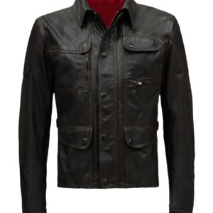 Front view of Kensington black leather biker jacket with sharp zip closure and lapels