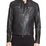 Front view of Kevin black leather biker jacket with zip pockets and classic lapels