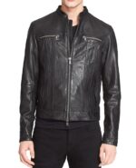 Front view of Kevin black leather biker jacket with zip pockets and classic lapels