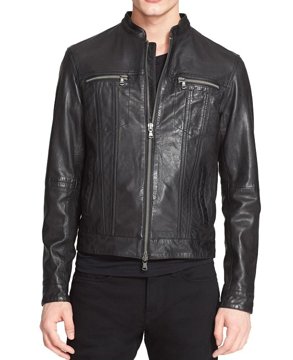Front view of Kevin black leather biker jacket with zip pockets and classic lapels Front view of Kevin black leather biker jacket with zip pockets and classic lapels
