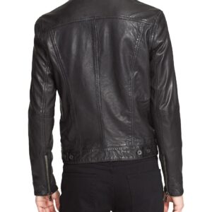 Model wearing Kevin leather biker jacket styled with dark denim