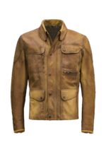 Front view of khaki brown leather biker jacket with asymmetrical zip and lapels