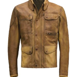 Front view of khaki brown leather biker jacket with asymmetrical zip and lapels