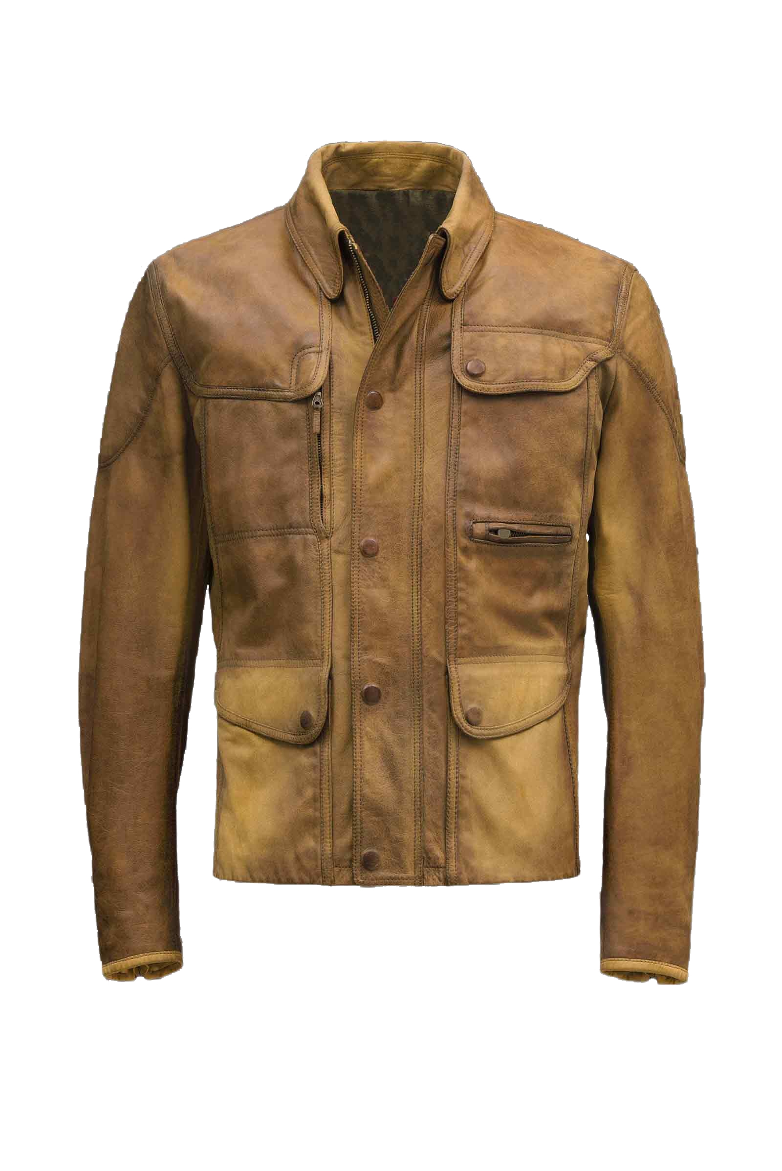 Front view of khaki brown leather biker jacket with asymmetrical zip and lapels Front view of khaki brown leather biker jacket with asymmetrical zip and lapels