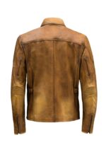 Back profile showing fitted sleeves and shoulder cut of brown biker jacket