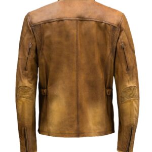 Back profile showing fitted sleeves and shoulder cut of brown biker jacket