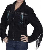 Black Biker Beaded Fringe Suede Leather Jacket