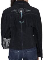 Black Biker Beaded Fringe Suede Leather Jacket