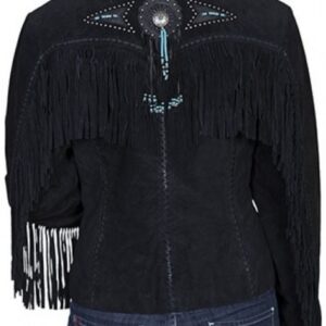 Black Biker Beaded Fringe Suede Leather Jacket