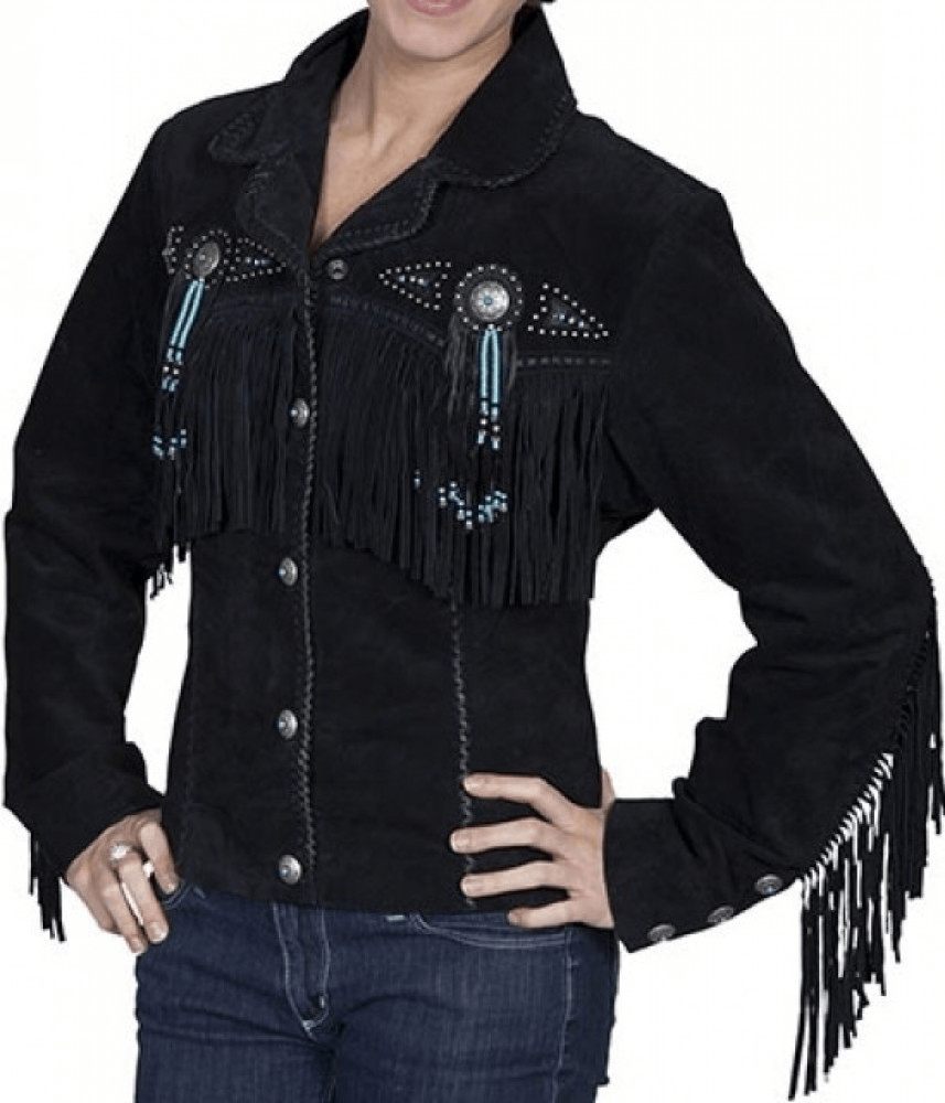 Black Biker Beaded Fringe Suede Leather Jacket Black Biker Beaded Fringe Suede Leather Jacket