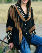 Western Suede Trim Fringes And Bones Leather Jacket