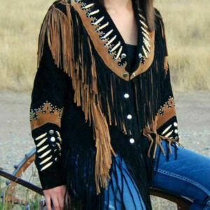Western Suede Trim Fringes And Bones Leather Jacket