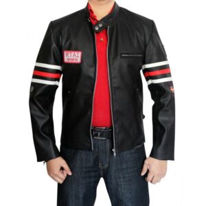 TV-inspired Gregory House biker jacket worn by model with casual denim