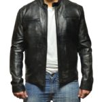 Front view of Mark Wahlberg Contraband leather jacket with casual rugged design