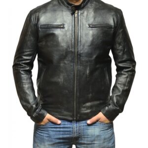 Model wearing Contraband leather jacket styled like Wahlberg in the film