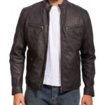 Front view of Mark Wahlberg The Other Guys leather jacket with classic zip style