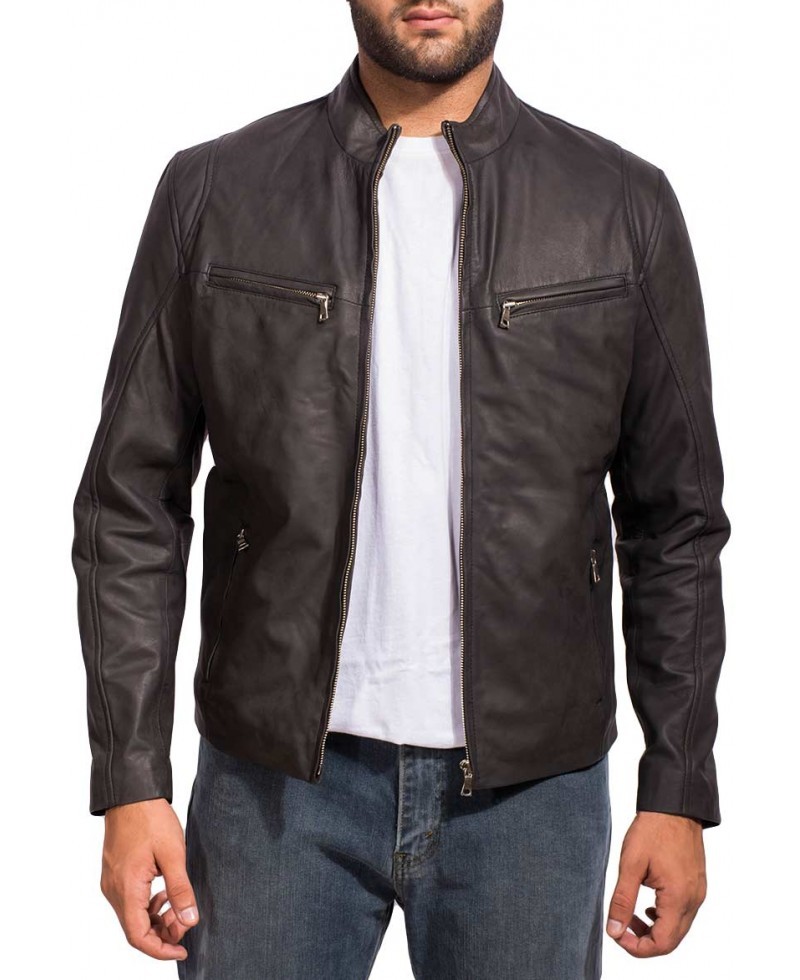 Front view of Mark Wahlberg The Other Guys leather jacket with classic zip style Front view of Mark Wahlberg The Other Guys leather jacket with classic zip style