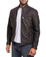 Model wearing The Other Guys leather jacket styled like Mark Wahlberg in the film
