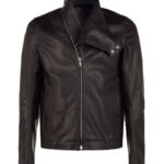 Front view of Marlon black leather biker jacket with wide lapels and zip front
