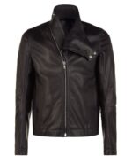 Front view of Marlon black leather biker jacket with wide lapels and zip front