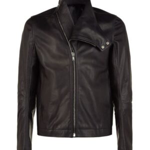 Front view of Marlon black leather biker jacket with wide lapels and zip front