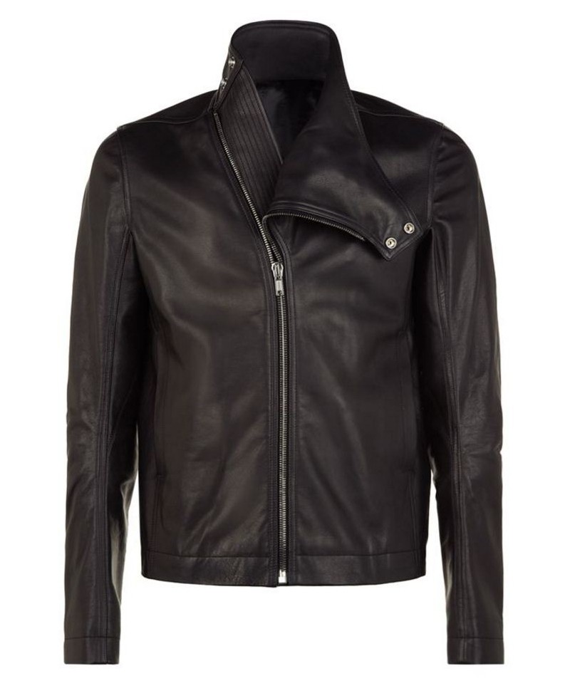 Front view of Marlon black leather biker jacket with wide lapels and zip front Front view of Marlon black leather biker jacket with wide lapels and zip front