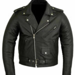 Classic front view of Marlon Brando The Wild One leather jacket with asymmetrical zip