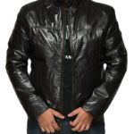 Front view of Martin Stark black leather jacket with modern collar and zip