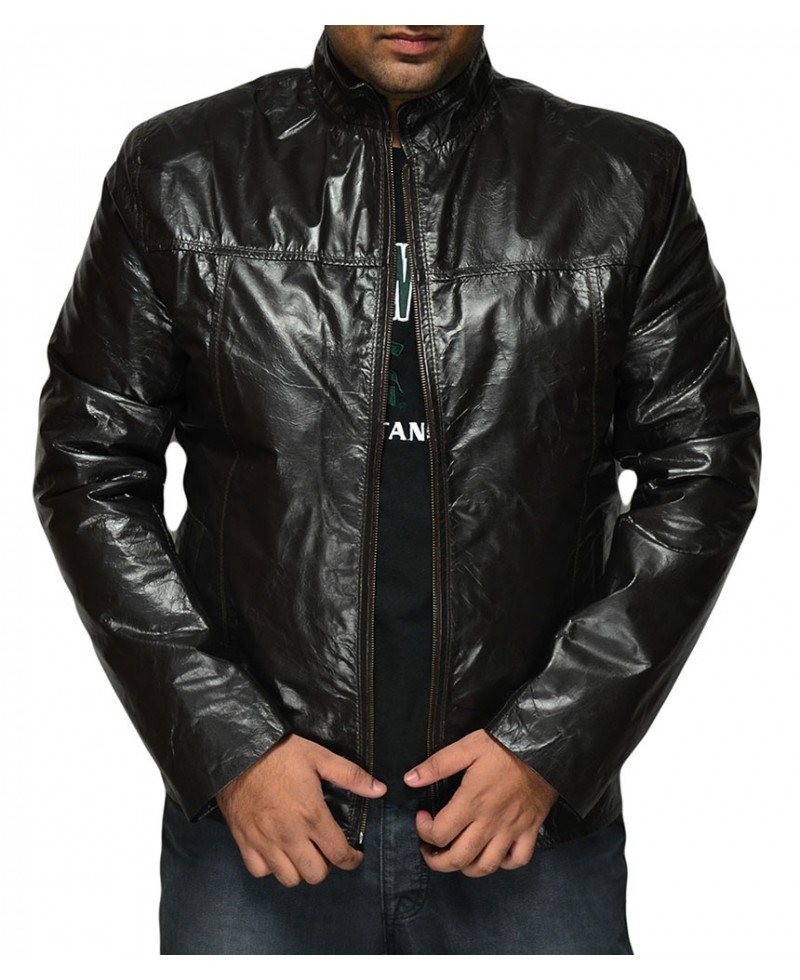 Front view of Martin Stark black leather jacket with modern collar and zip Front view of Martin Stark black leather jacket with modern collar and zip