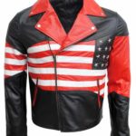 Front view of men’s motorcycle jacket featuring bold American flag print and leather finish
