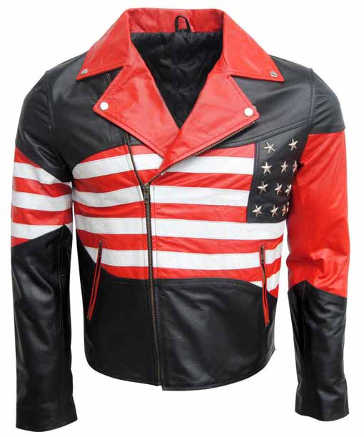 Front view of men’s motorcycle jacket featuring bold American flag print and leather finish Front view of men’s motorcycle jacket featuring bold American flag print and leather finish