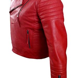 asymmetrical style red jacket for men with quilted padded detailing